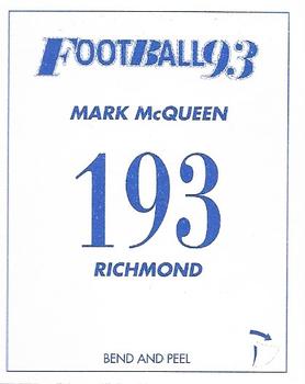 1993 Select AFL Stickers #193 Mark McQueen Back